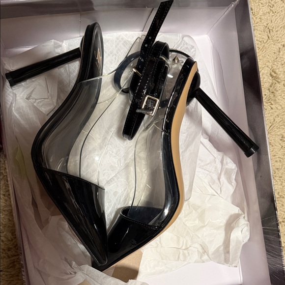 Jennifer Lopez Shoes - Jennifer Lopez Black Patent Pointed-Toe Clear Panel Heels